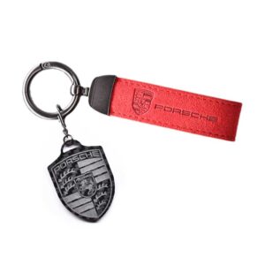 Porsche Macan Shield Carbon Fiber Keychain with Red Synthetic Fiber Strap – Key Strap Keychain from the Vintage store collection.