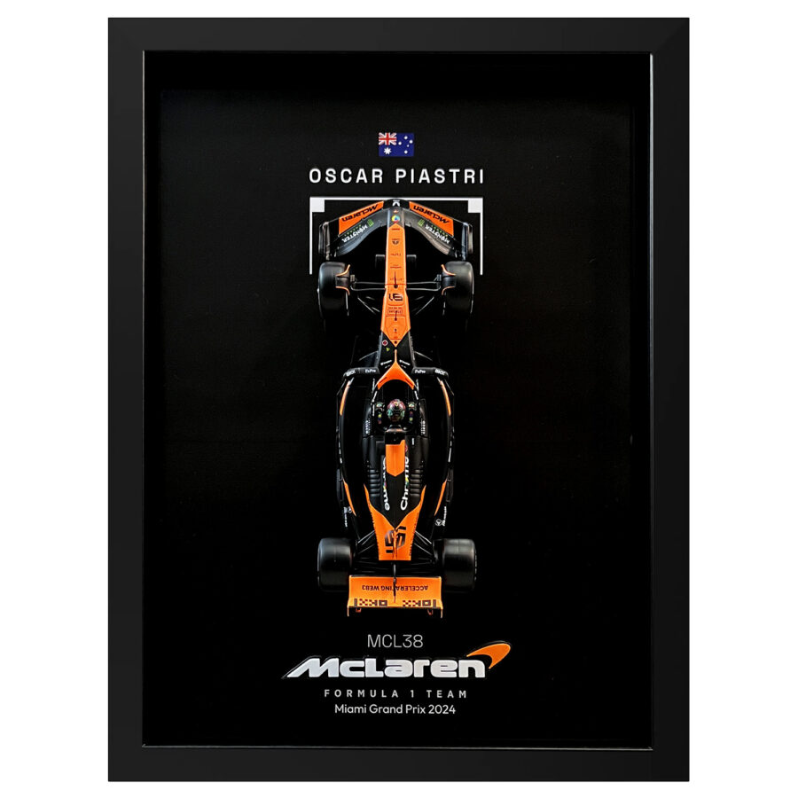 Mclaren Formula One Team MCL38 Oscar Piastri Miami Grand Prix 2024 Handmade Framed Artwork from the Race Car Wall Art store collection.