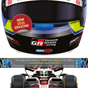 Oliver Bearman's 2025 Helmet and Haas Racing Car. A Very High Quality Illustration from the F1 Helmets store collection.