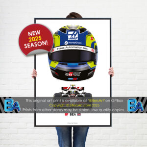 Oliver Bearman's 2025 Helmet and Haas Racing Car. A Very High Quality Illustration from the F1 Helmets store collection.