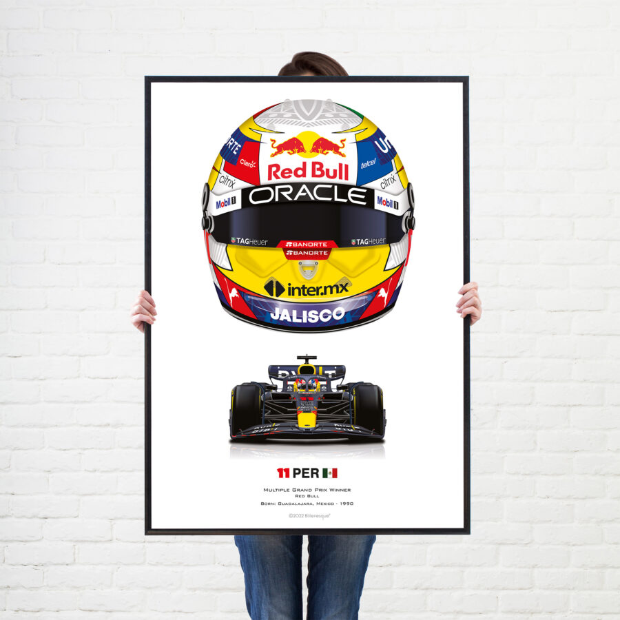 Sergio Perez 2022 Season Helmet Red Bull Formula 1 wall art poster print from the F1 Helmets store collection.