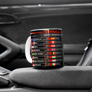 Formula One 2025 Season Racing Calendar Mug - Carbon Fiber - Grand Prix - Hamilton - Norris - Cars - Coffee Cup - Gift Ideas from the Lewis Hamilton store collection.