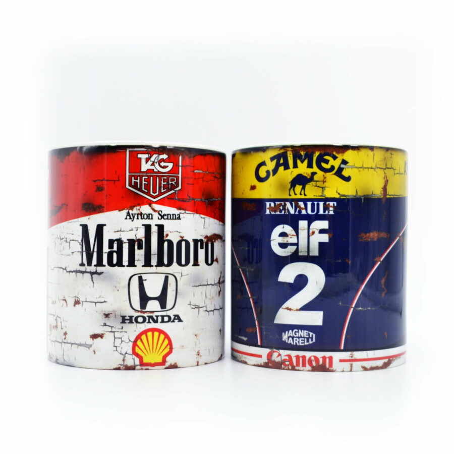 Set of 2: Vintage Ayrton Senna McLaren & Alain Prost Renault F1 Mugs from the Automotive store collection.