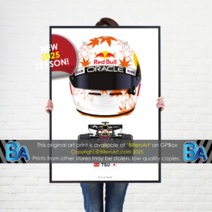 Yuki Tsunoda's 2025 Helmet and Red Bull Racing Car. A Very High Quality Illustration from the F1 Helmets store collection.