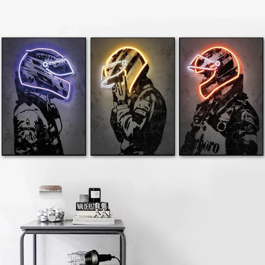 Formula 1 racing driver helmets with neon effect as a decorative print without a frame from the F1 Helmets store collection.