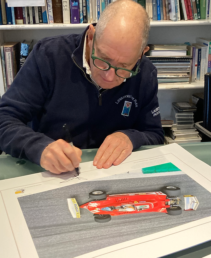 Jody Scheckter signed Ferrari 312T4 lithograph, Formula 1 World Champion from the Sports Car Racing Posters & Prints store collection.